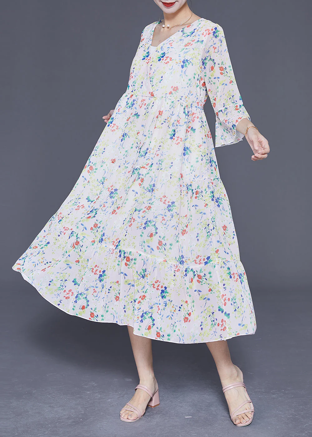 Elegant Apricot V Neck Print Exra Large Hem Chiffon Dress Flare Sleeve - Image 2