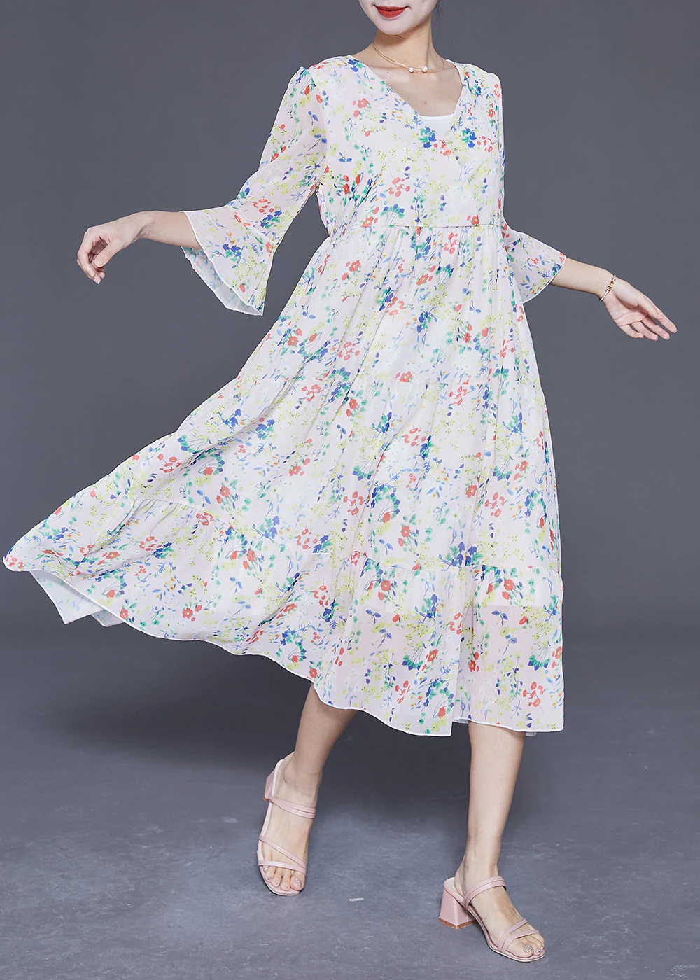 Elegant Apricot V Neck Print Exra Large Hem Chiffon Dress Flare Sleeve - Image 3