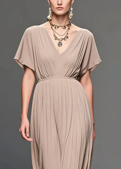 Elegant Apricot V Neck Wrinkled Chiffon Long Dress Summer - Image 2