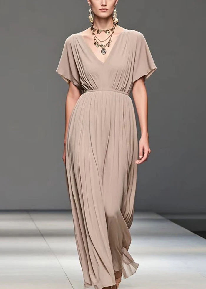 Elegant Apricot V Neck Wrinkled Chiffon Long Dress Summer - Image 3