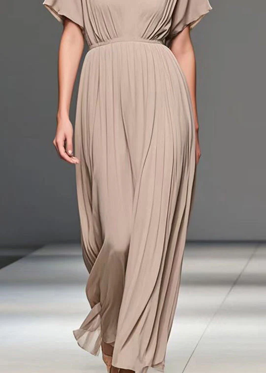 Elegant Apricot V Neck Wrinkled Chiffon Long Dress Summer - Image 4