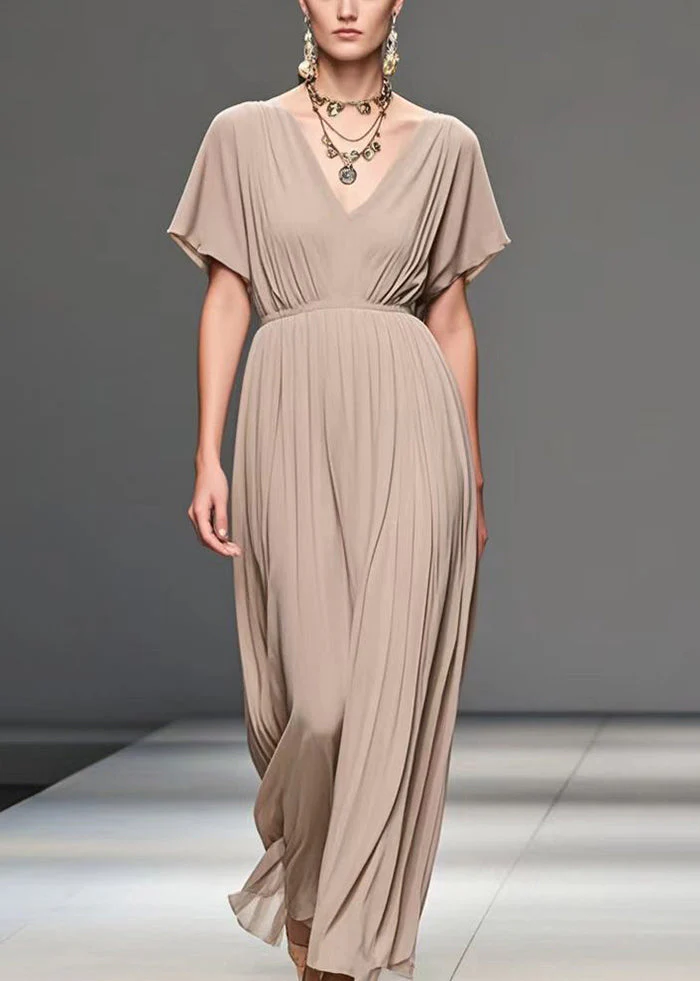 Elegant Apricot V Neck Wrinkled Chiffon Long Dress Summer - Image 5