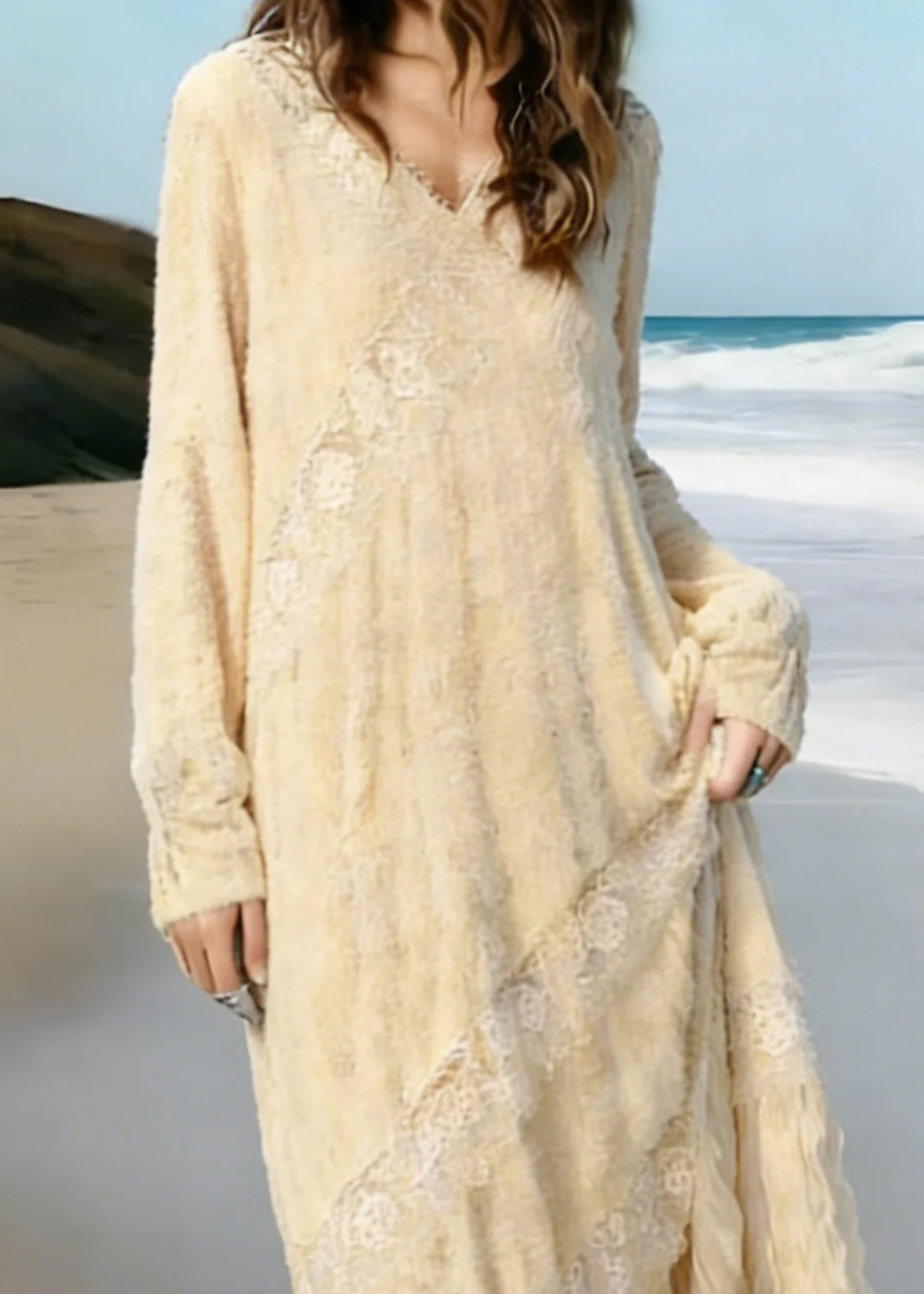 Elegant Apricot Wrinkled Lace Patchwork Knit Long Dress Spring - Image 2
