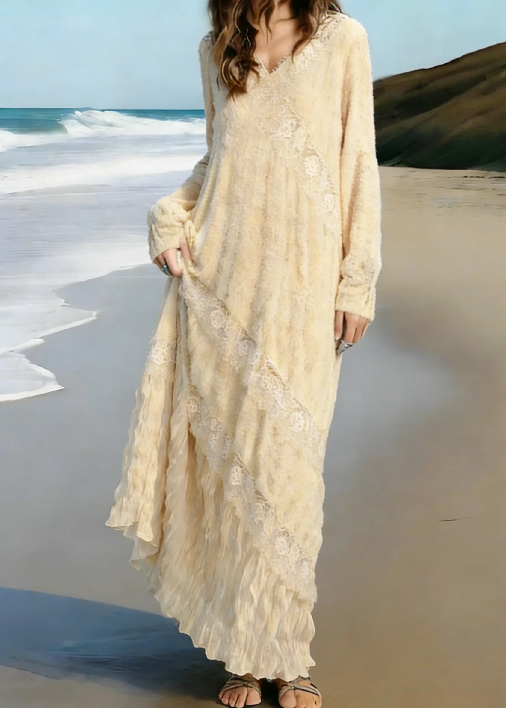 Elegant Apricot Wrinkled Lace Patchwork Knit Long Dress Spring - Image 3