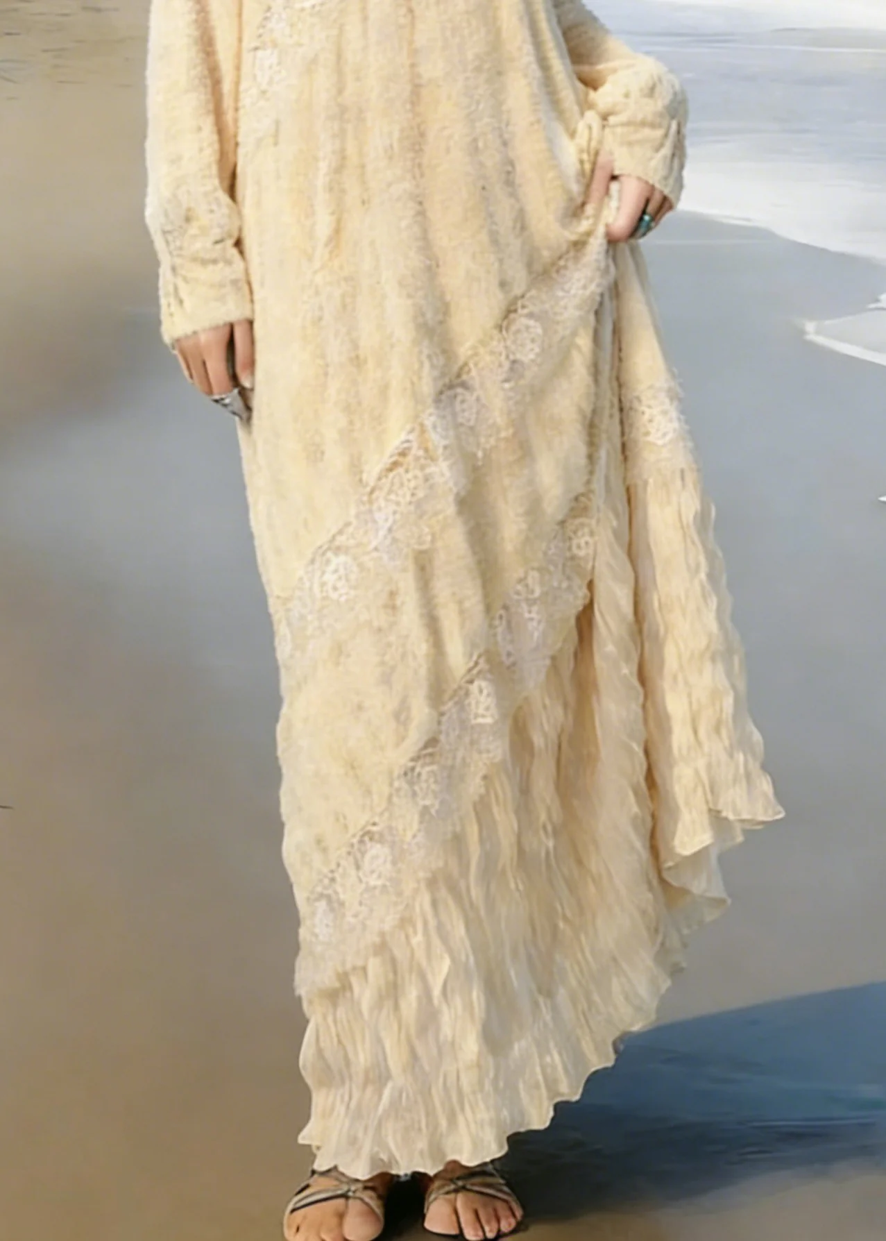 Elegant Apricot Wrinkled Lace Patchwork Knit Long Dress Spring - Image 4
