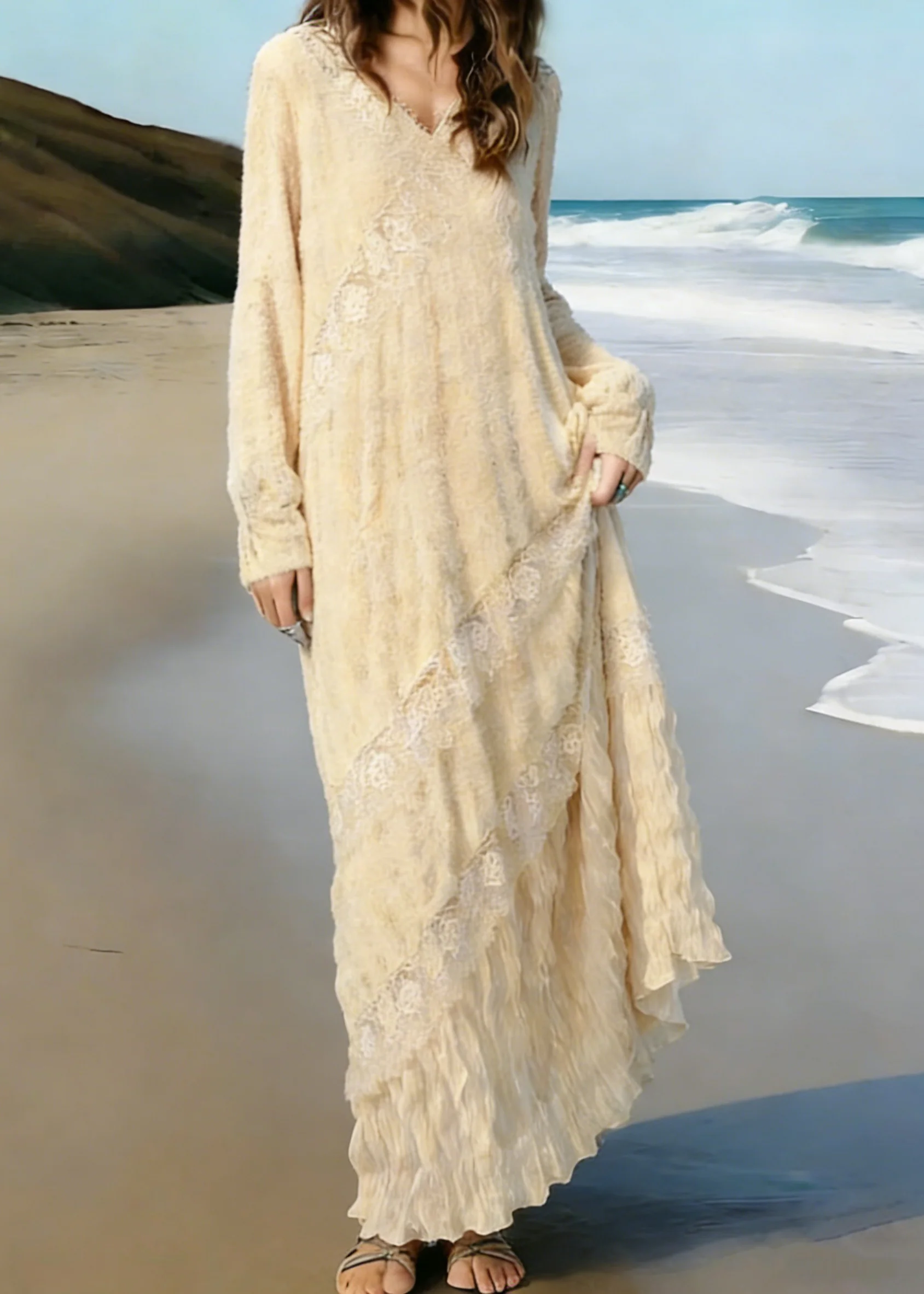 Elegant Apricot Wrinkled Lace Patchwork Knit Long Dress Spring - Image 5