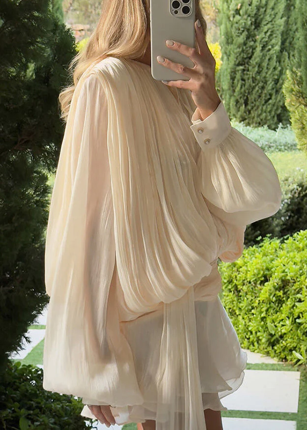 Elegant Apricot Wrinkled Lace Up Tulle Mini Dress Spring - Image 4