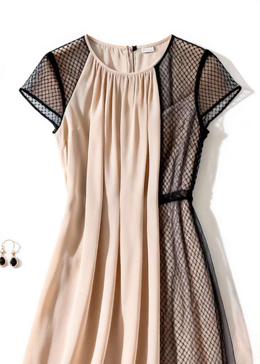 Elegant Apricot Wrinkled Tulle Patchwork Dress Summer - Image 2