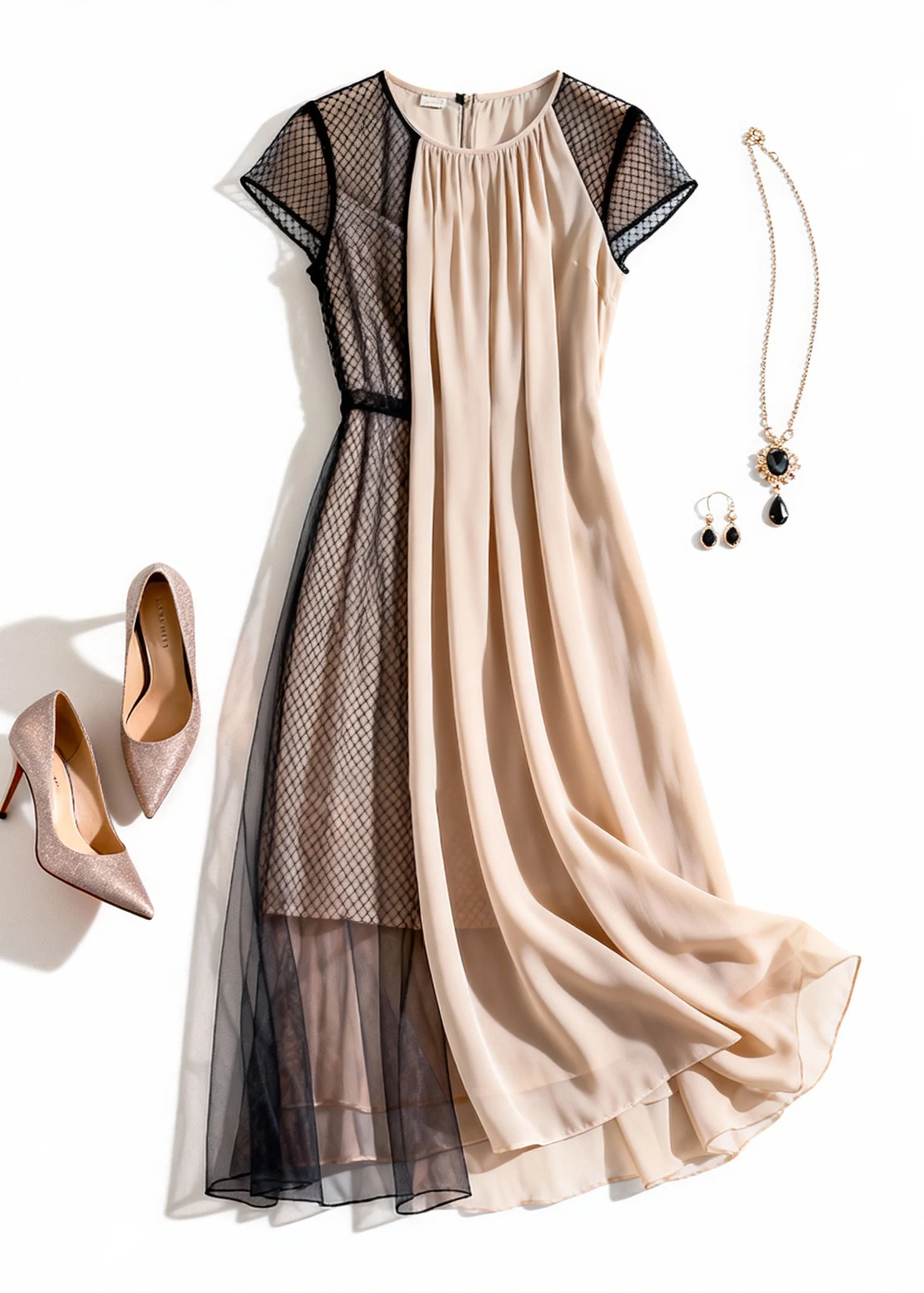 Elegant Apricot Wrinkled Tulle Patchwork Dress Summer - Image 3