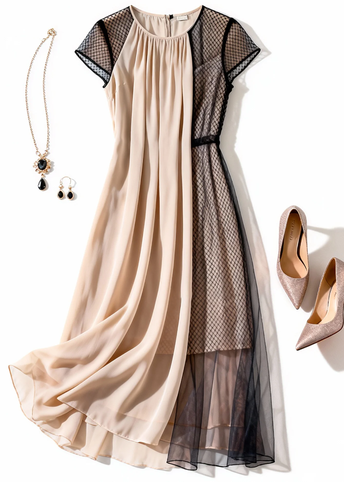 Elegant Apricot Wrinkled Tulle Patchwork Dress Summer - Image 5