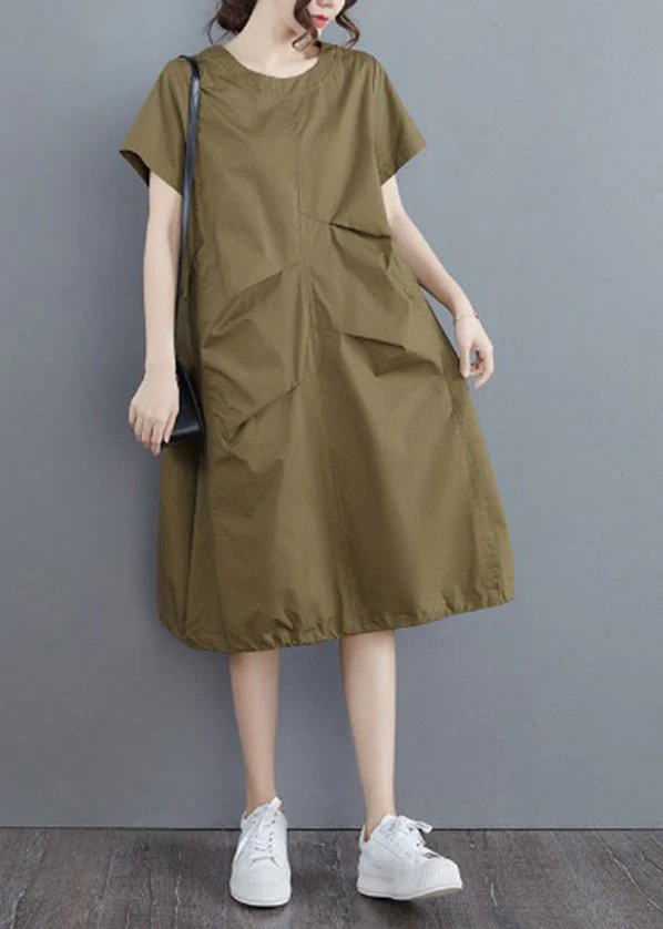 Elegant Army Green Solid Ruffles O-Neck Cotton Dress Short Sleeve - Image 2