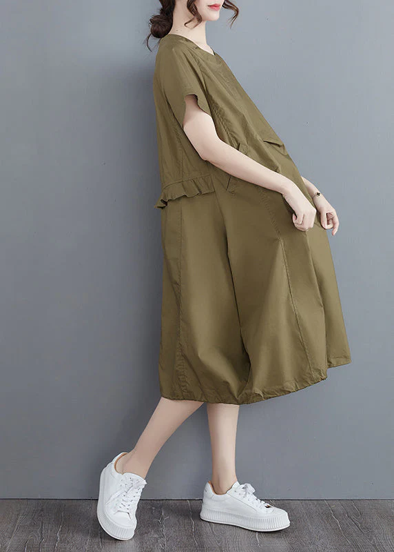 Elegant Army Green Solid Ruffles O-Neck Cotton Dress Short Sleeve - Image 3