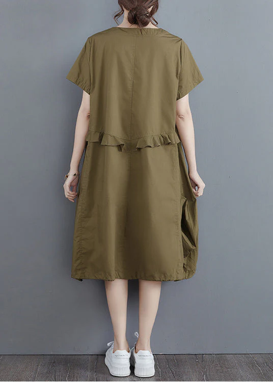 Elegant Army Green Solid Ruffles O-Neck Cotton Dress Short Sleeve - Image 4