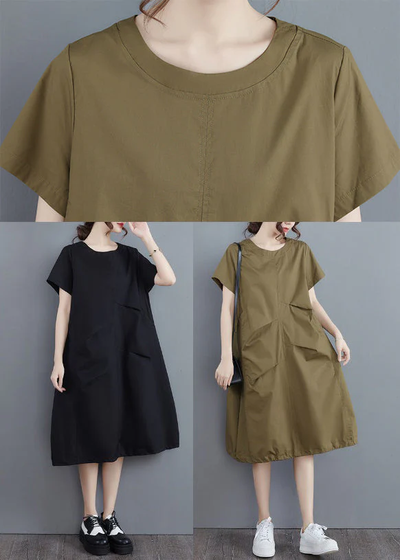 Elegant Army Green Solid Ruffles O-Neck Cotton Dress Short Sleeve - Image 5
