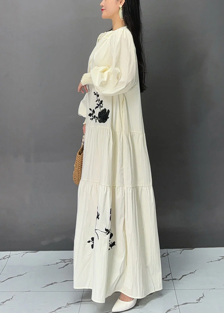 Elegant Beige Button Print Pockets Cotton Dresses Fall - Image 4