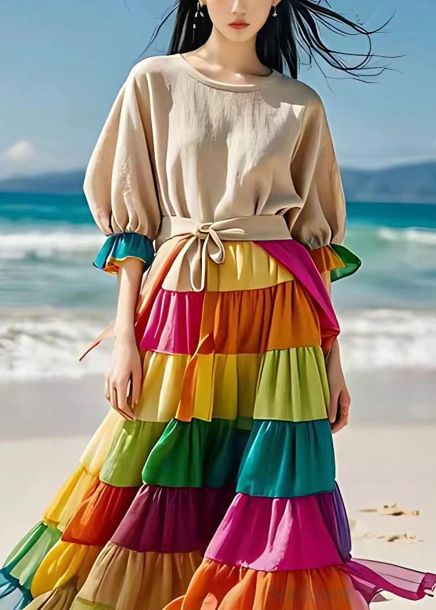 Elegant Beige Chiffon Patchwork Linen Dress Flare Sleeve - Image 2