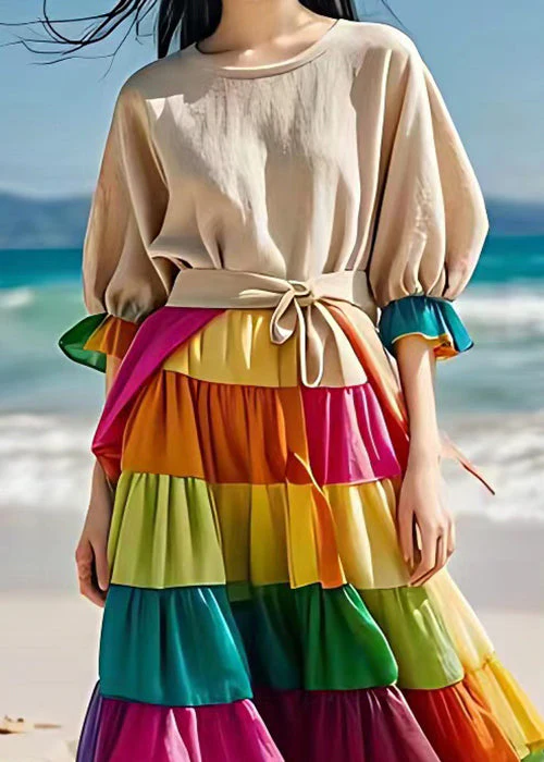 Elegant Beige Chiffon Patchwork Linen Dress Flare Sleeve - Image 3
