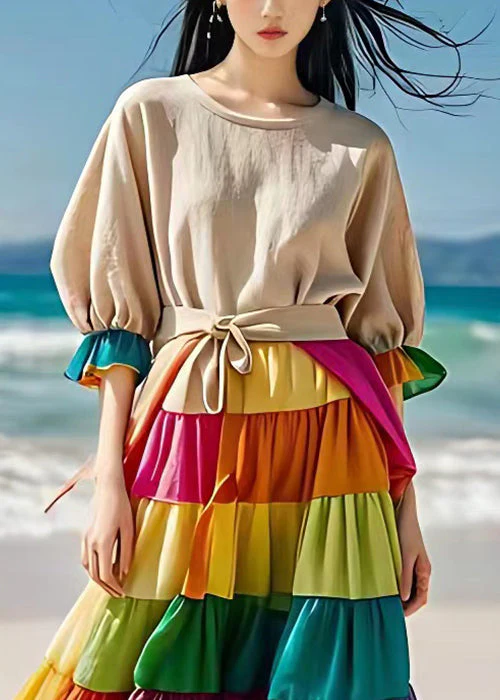 Elegant Beige Chiffon Patchwork Linen Dress Flare Sleeve - Image 4
