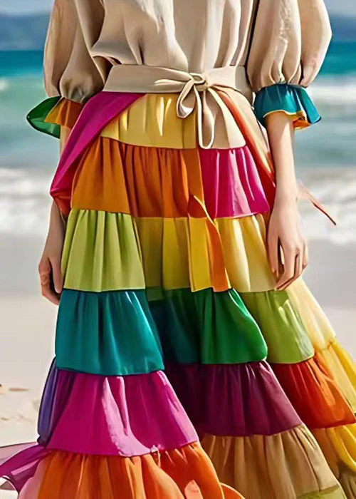 Elegant Beige Chiffon Patchwork Linen Dress Flare Sleeve - Image 5
