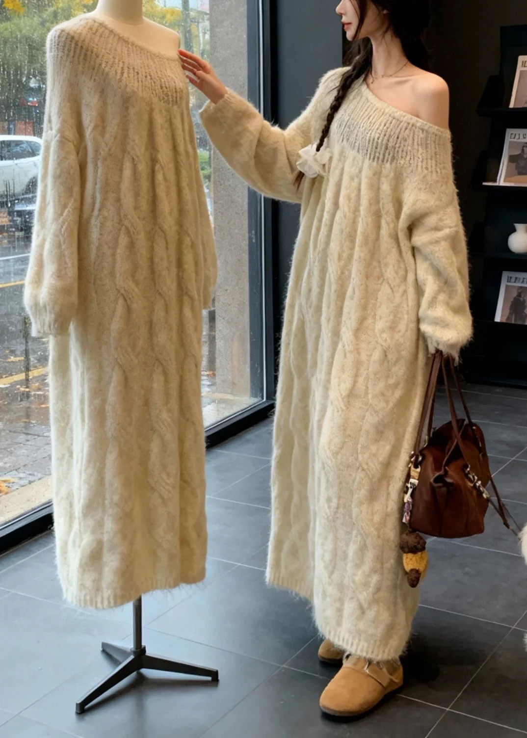 Elegant Beige Cold Shoulder Cable Knit Dress Spring - Image 5