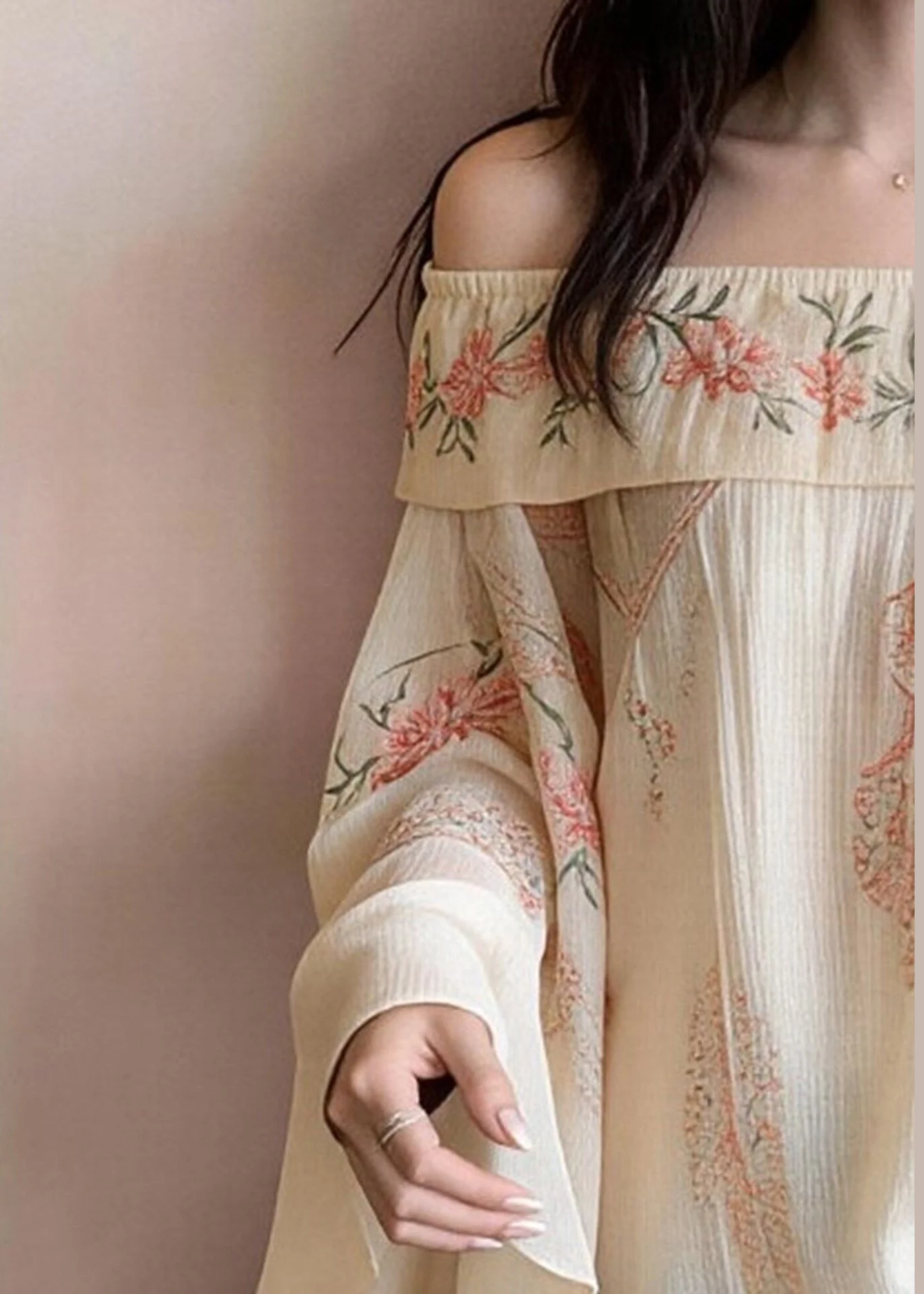 Elegant Beige Cold Shoulder Print Cotton Blouses Flare Sleeve - Image 3