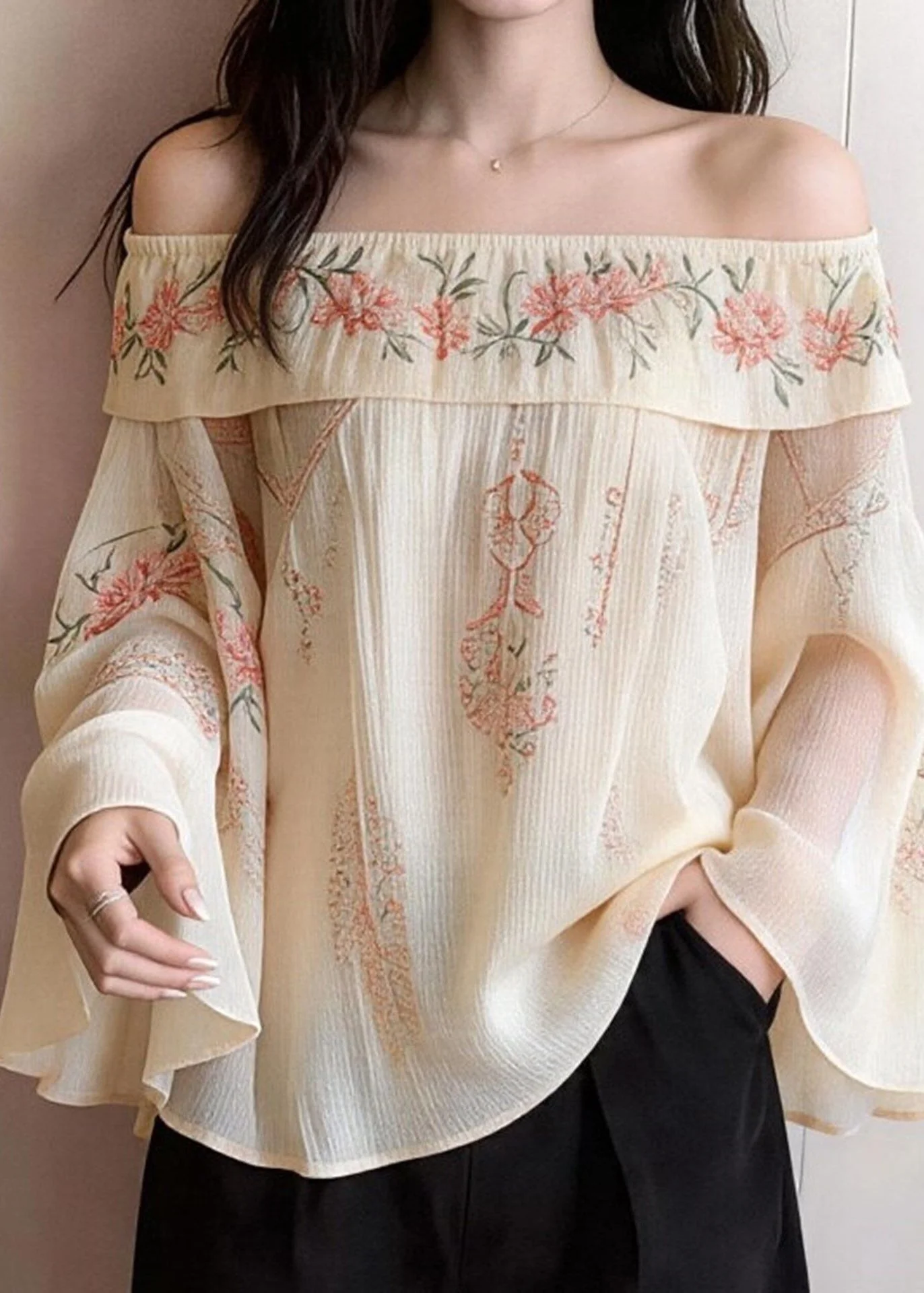 Elegant Beige Cold Shoulder Print Cotton Blouses Flare Sleeve - Image 4