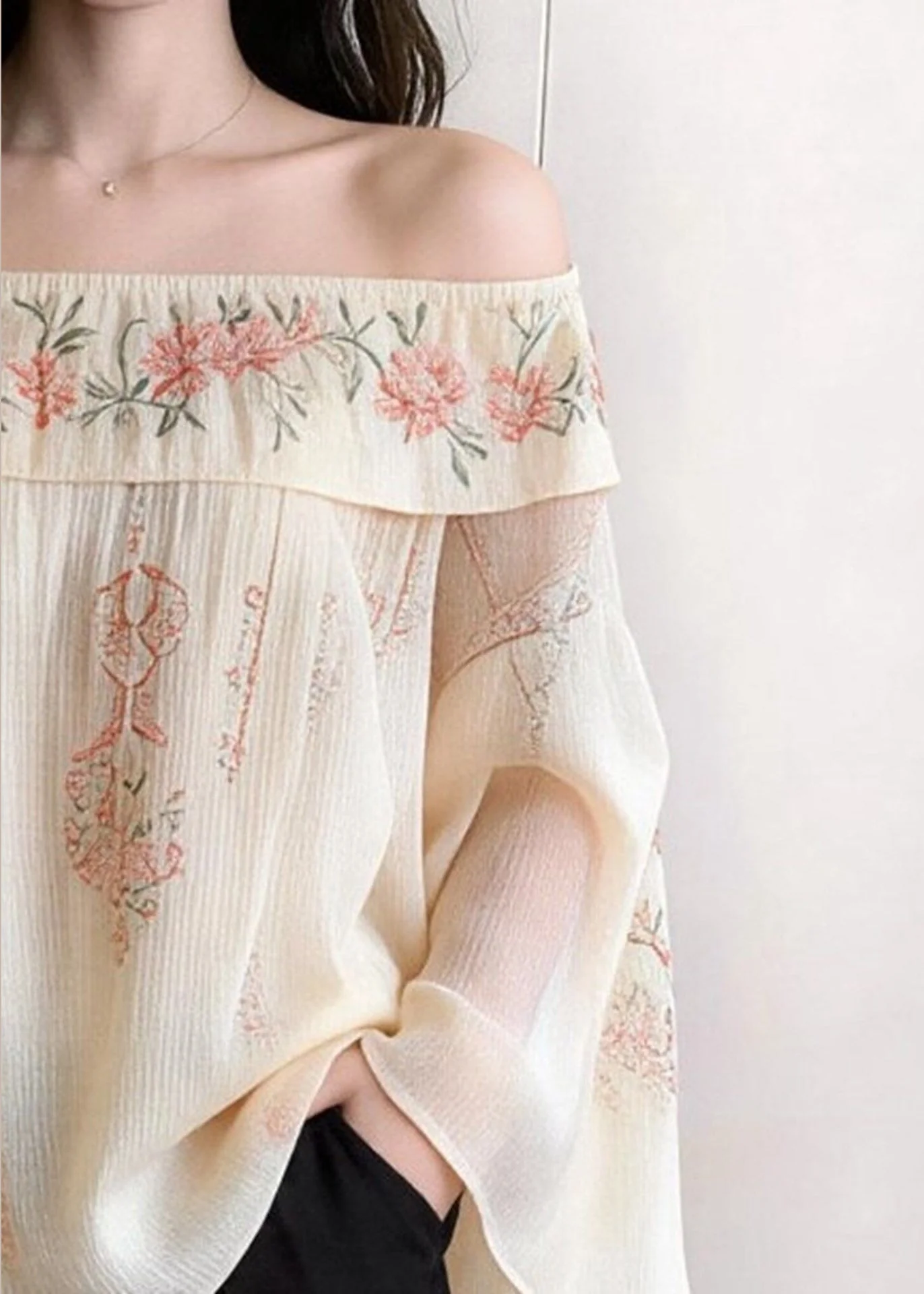 Elegant Beige Cold Shoulder Print Cotton Blouses Flare Sleeve - Image 5