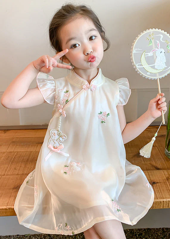 Elegant Beige Embroideried Button Tulle Girls Long Dresses Summer - Image 2