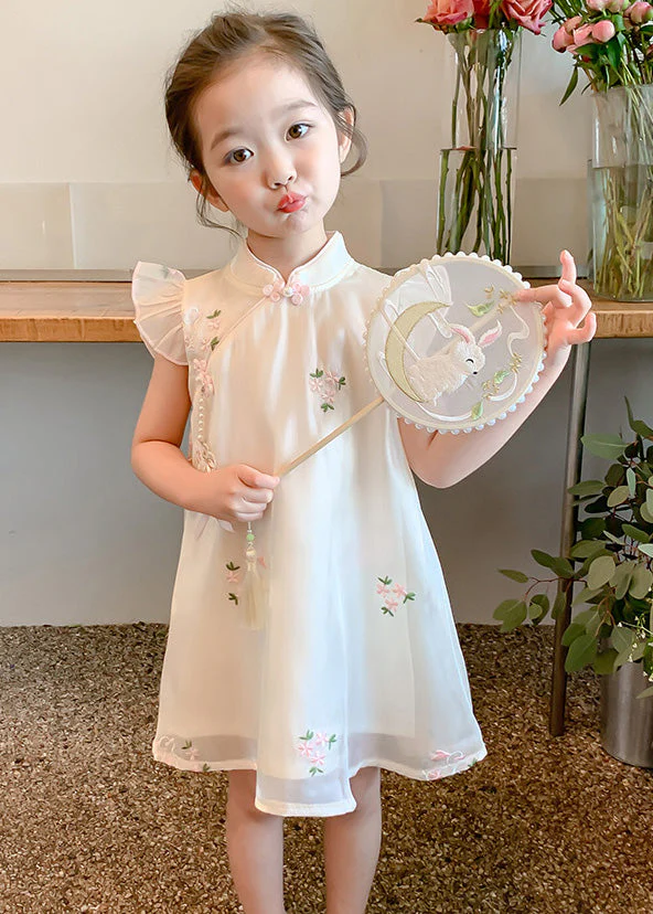 Elegant Beige Embroideried Button Tulle Girls Long Dresses Summer - Image 3