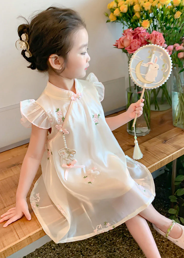 Elegant Beige Embroideried Button Tulle Girls Long Dresses Summer - Image 4