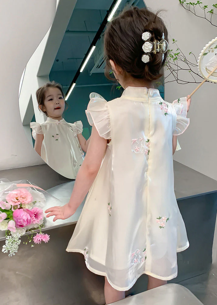 Elegant Beige Embroideried Button Tulle Girls Long Dresses Summer - Image 5