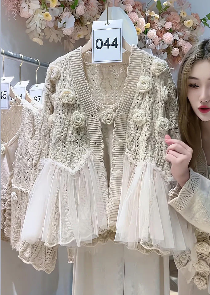Elegant Beige Flower Tulle Patchwork Knit Cardigan Two Piece Set Spring - Image 4