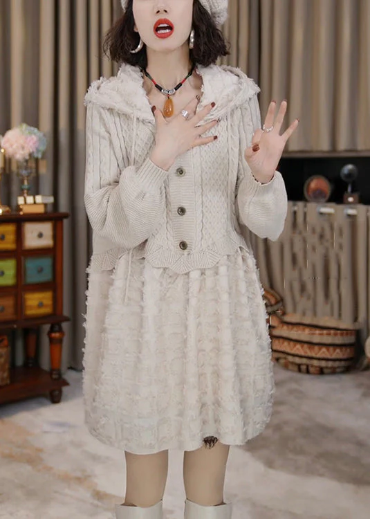 Elegant Beige Hooded Patchwork Knit Mid Dress Winter - Image 4