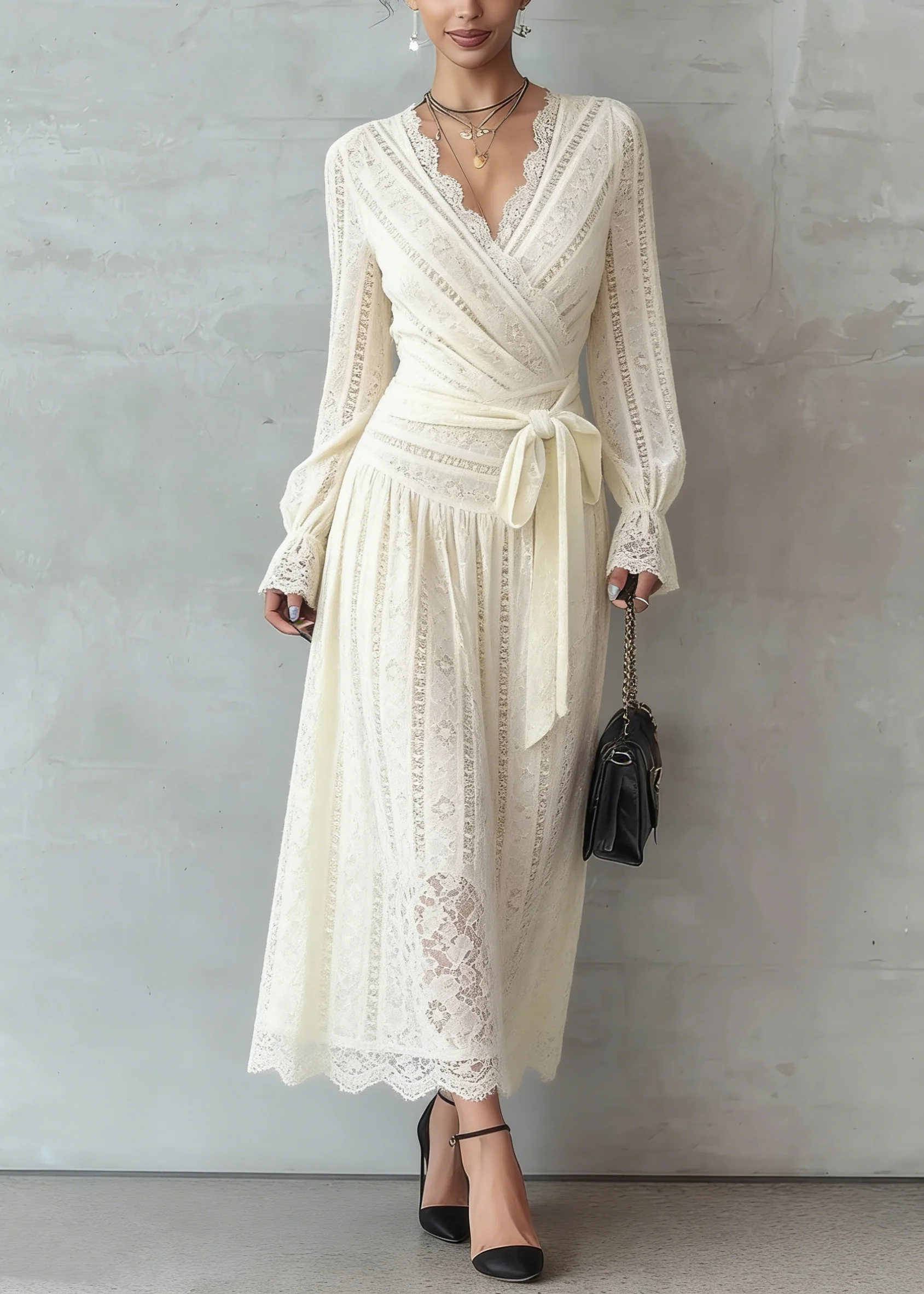 Elegant Beige Lace Tie Waist Warm Fleece Long Dress Spring - Image 3
