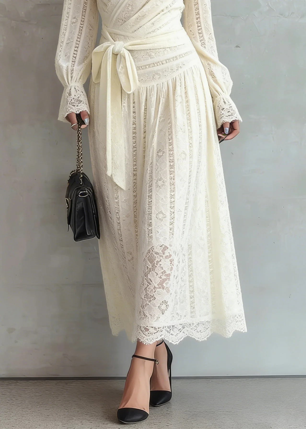 Elegant Beige Lace Tie Waist Warm Fleece Long Dress Spring - Image 4