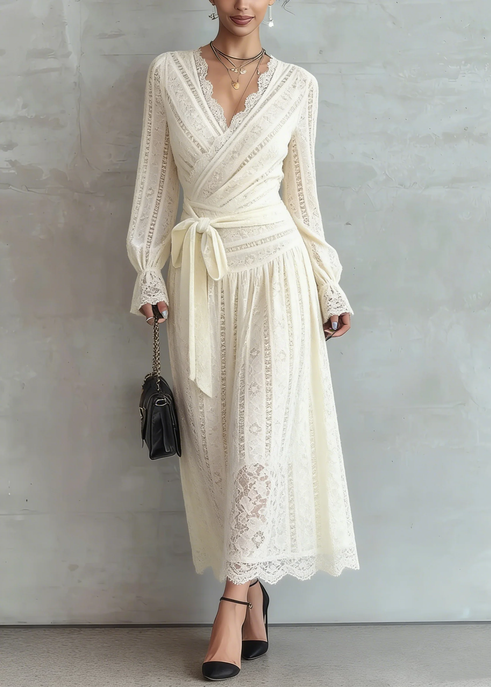 Elegant Beige Lace Tie Waist Warm Fleece Long Dress Spring - Image 5
