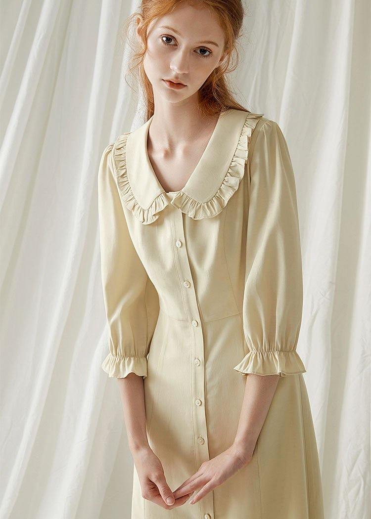 Elegant beige nude blended quilting dresses Peter pan Collar cotton fall Dresses - Image 2