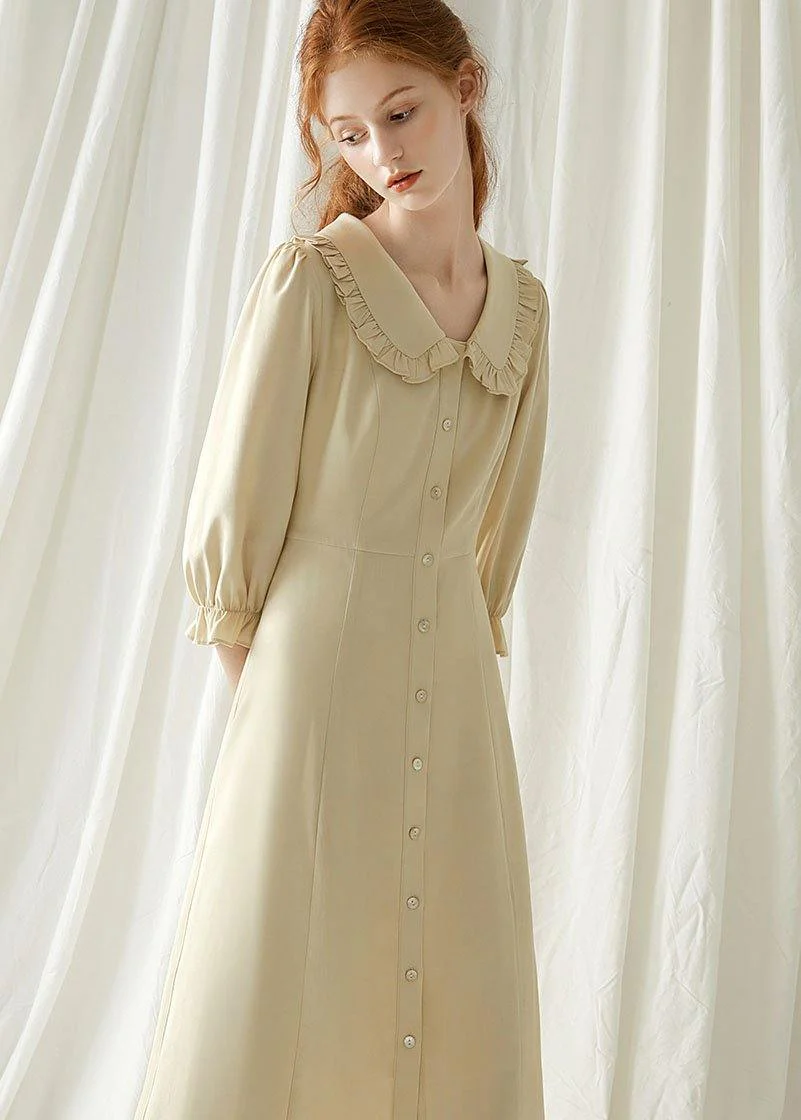 Elegant beige nude blended quilting dresses Peter pan Collar cotton fall Dresses - Image 3