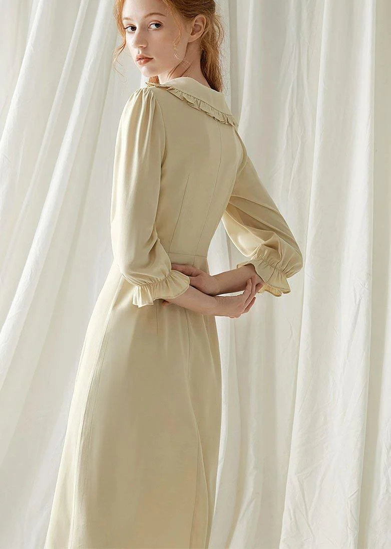 Elegant beige nude blended quilting dresses Peter pan Collar cotton fall Dresses - Image 4