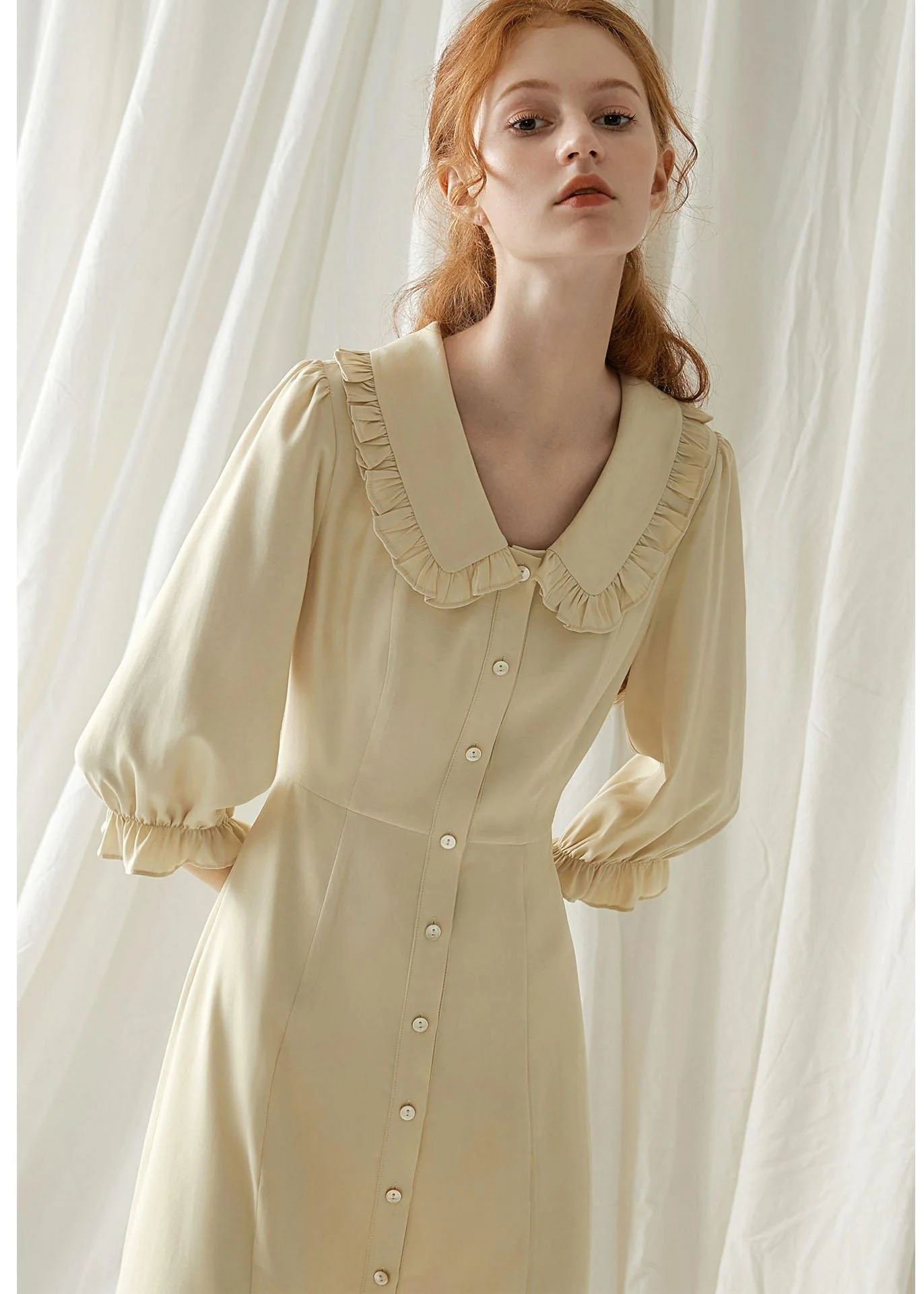 Elegant beige nude blended quilting dresses Peter pan Collar cotton fall Dresses - Image 5