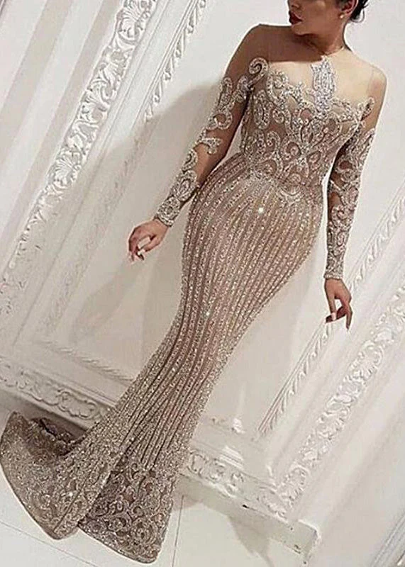 Elegant Beige O Neck Sequins Slim Fit Long Dress Spring - Image 3