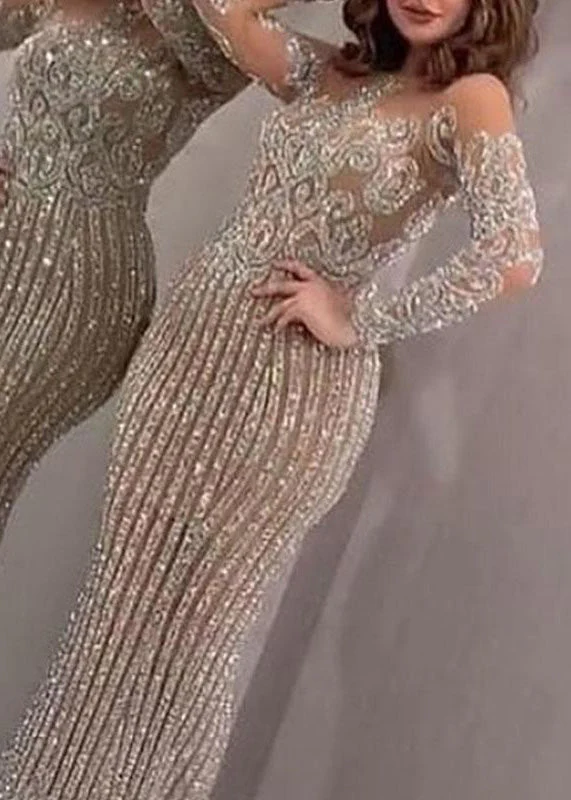 Elegant Beige O Neck Sequins Slim Fit Long Dress Spring - Image 4