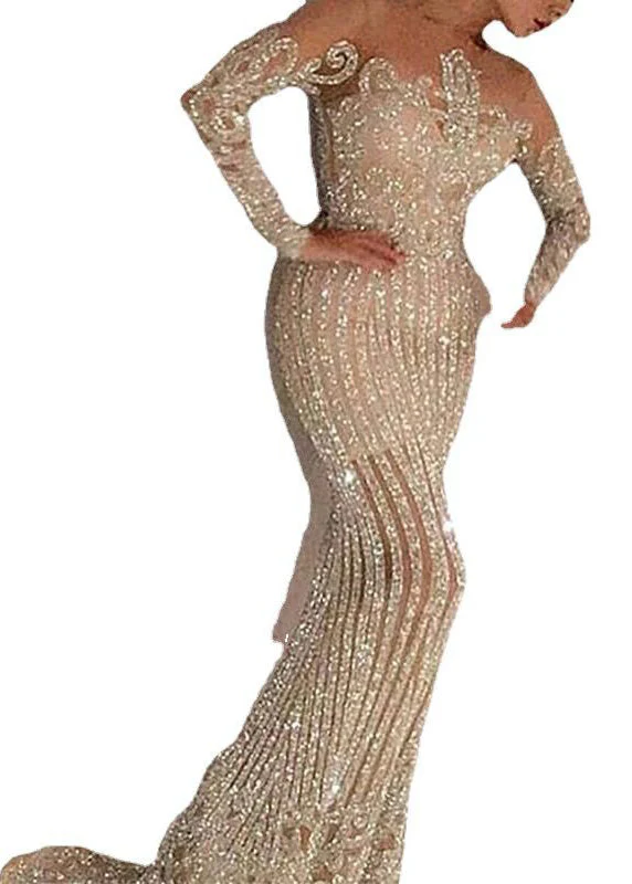 Elegant Beige O Neck Sequins Slim Fit Long Dress Spring - Image 5