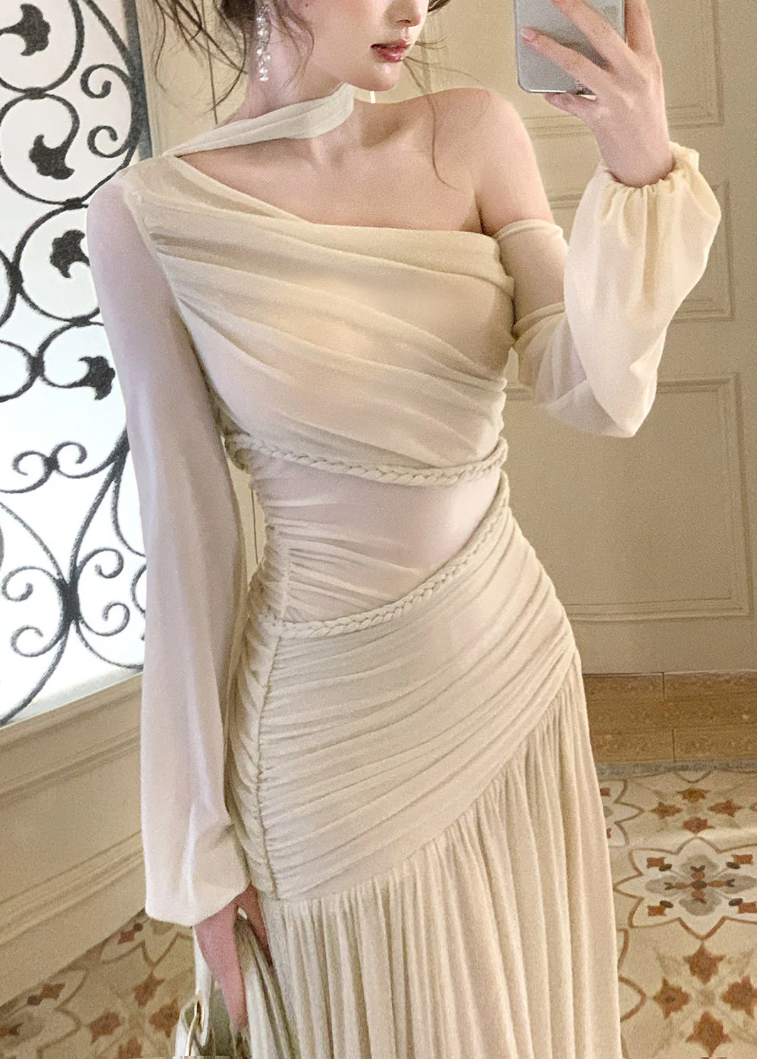 Elegant Beige One Shoulder Wrinkled Knit Party Dresses Summer - Image 2