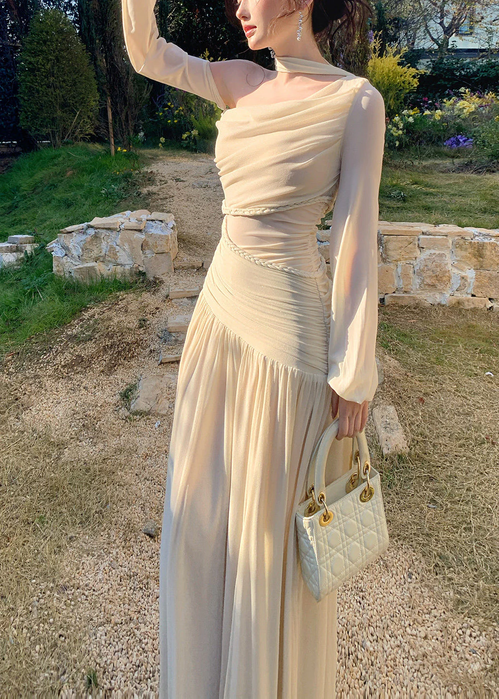 Elegant Beige One Shoulder Wrinkled Knit Party Dresses Summer - Image 3