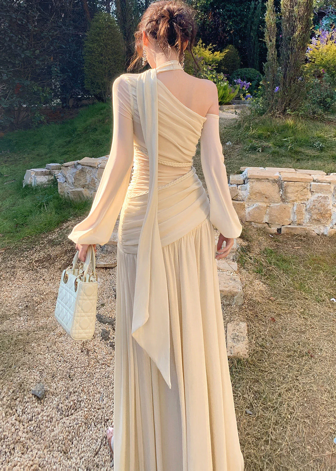Elegant Beige One Shoulder Wrinkled Knit Party Dresses Summer - Image 5