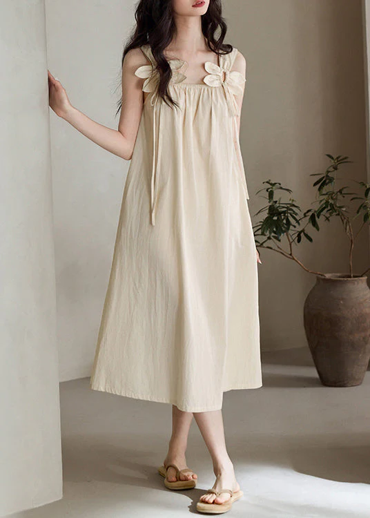 Elegant Beige Original Design Lace Up Cotton Long Dress Sleeveless - Image 2