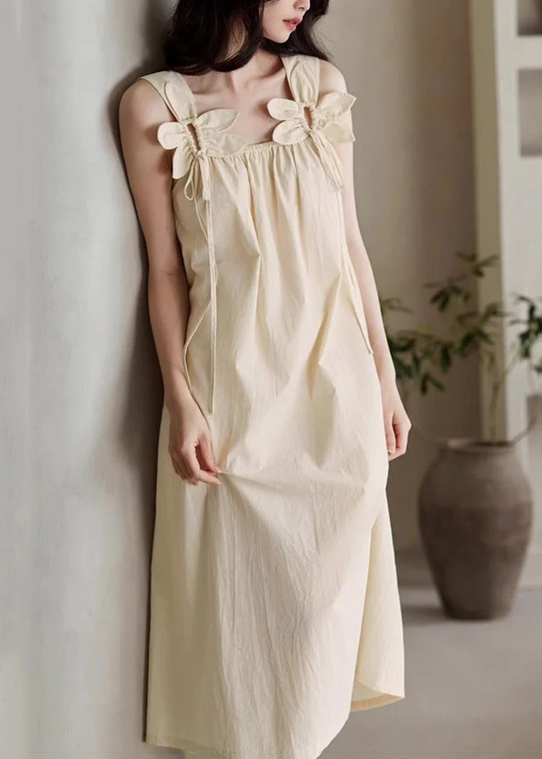 Elegant Beige Original Design Lace Up Cotton Long Dress Sleeveless - Image 3