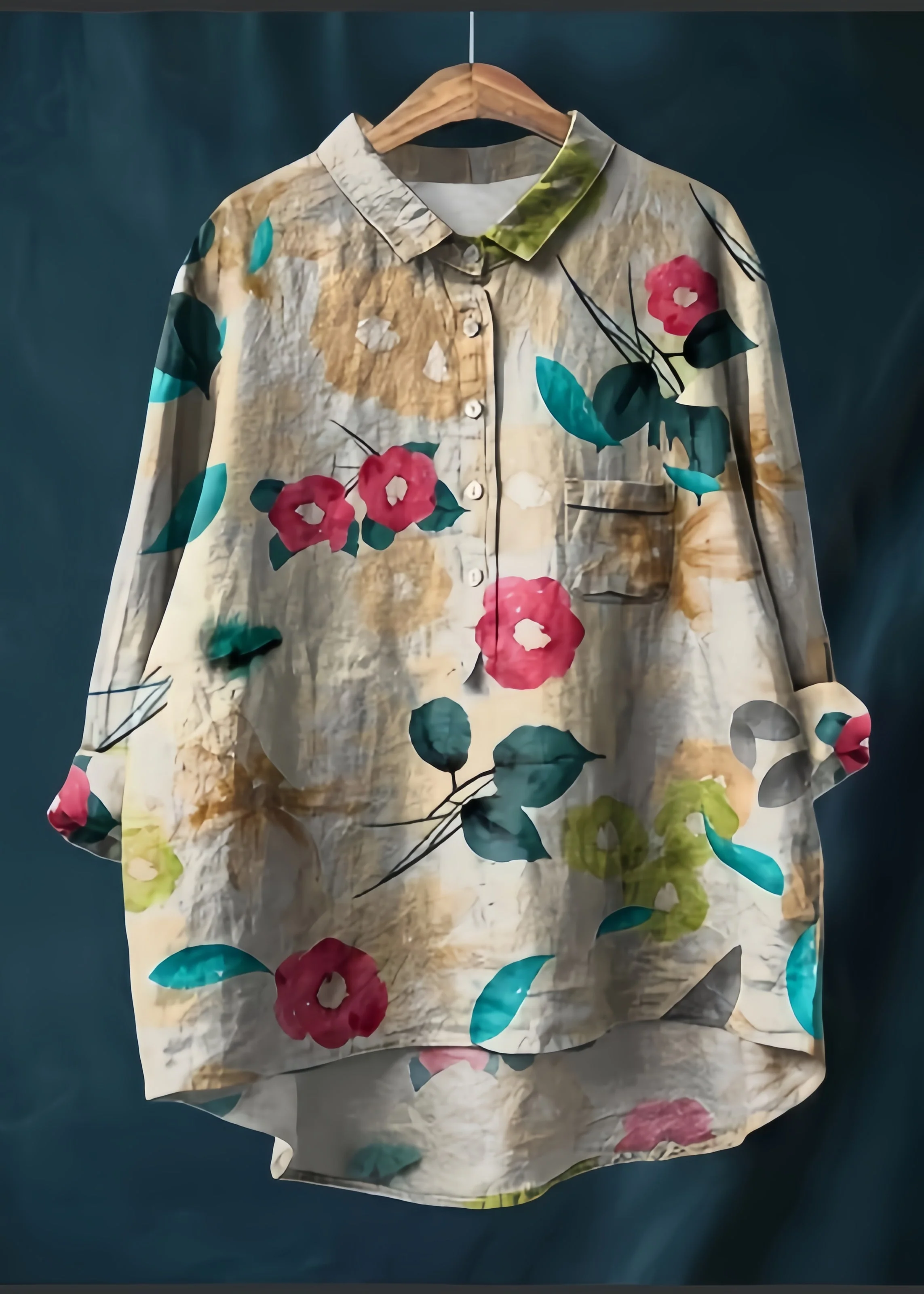 Elegant Beige Oversized Print Cotton Shirt Top Spring - Image 4