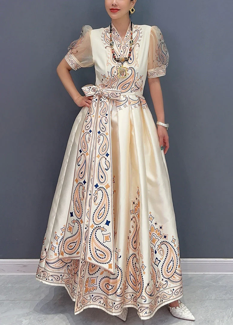 Elegant Beige Print Pockets Silk Long Dress Summer - Image 3